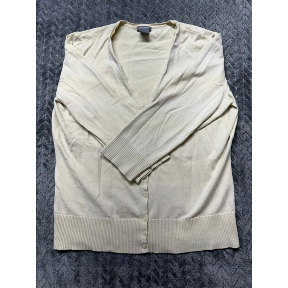 Ann Taylor Cream Ivory V-Neck Button Front Knit Cardigan Sweater Large 0677